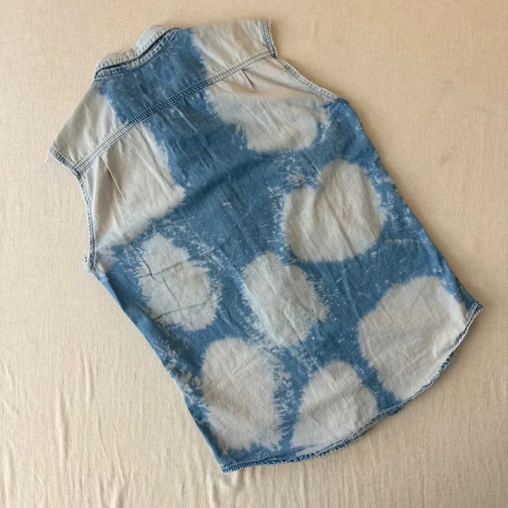PacSun Mens Medium Bleached Denim Sleeveless‎ Button Down Shirt Blue Tie Dye